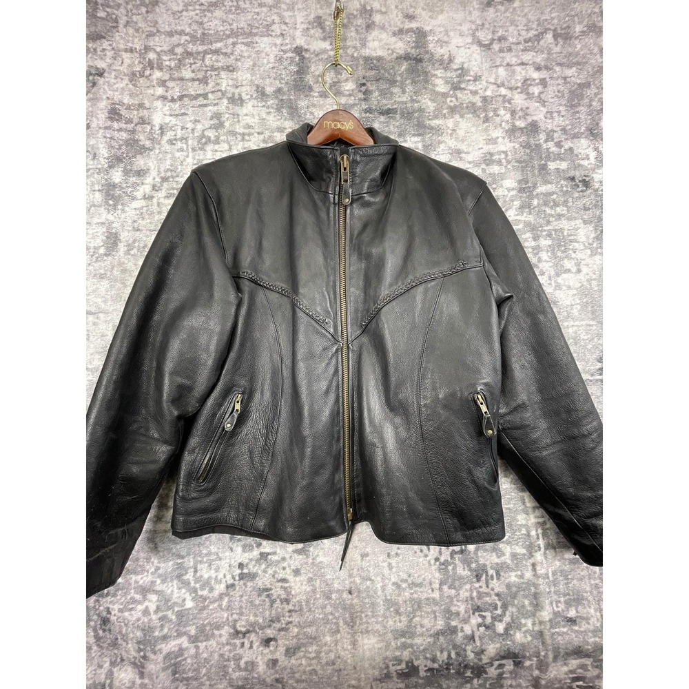 Vtg Name of Quality Products Leather Men L/XL Black Motorcycle Jacket Eagle Tag